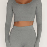 Round Neck Long Sleeve Crop Top - Stone Gray
