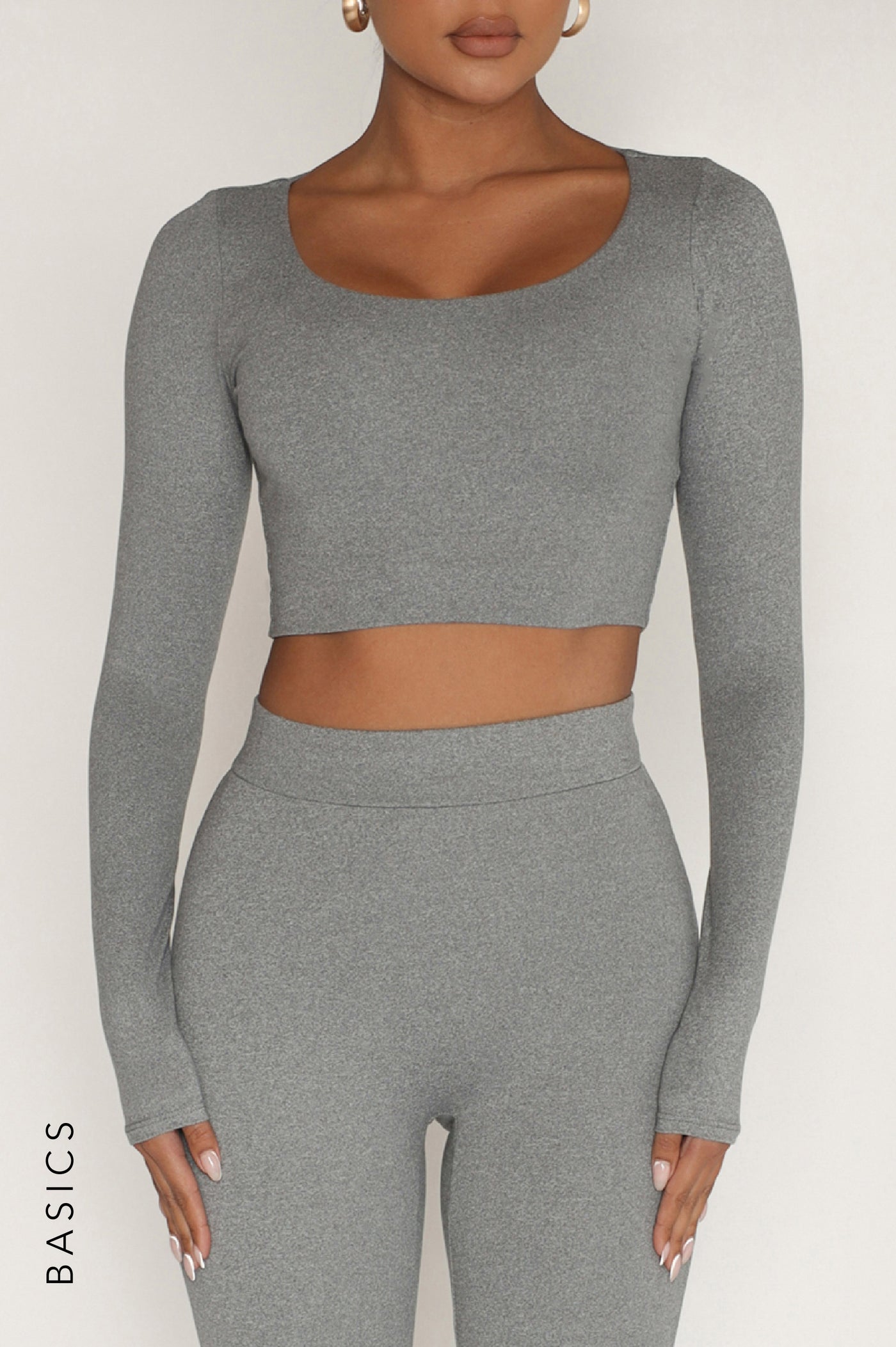 Round Neck Long Sleeve Crop Top - Stone Gray