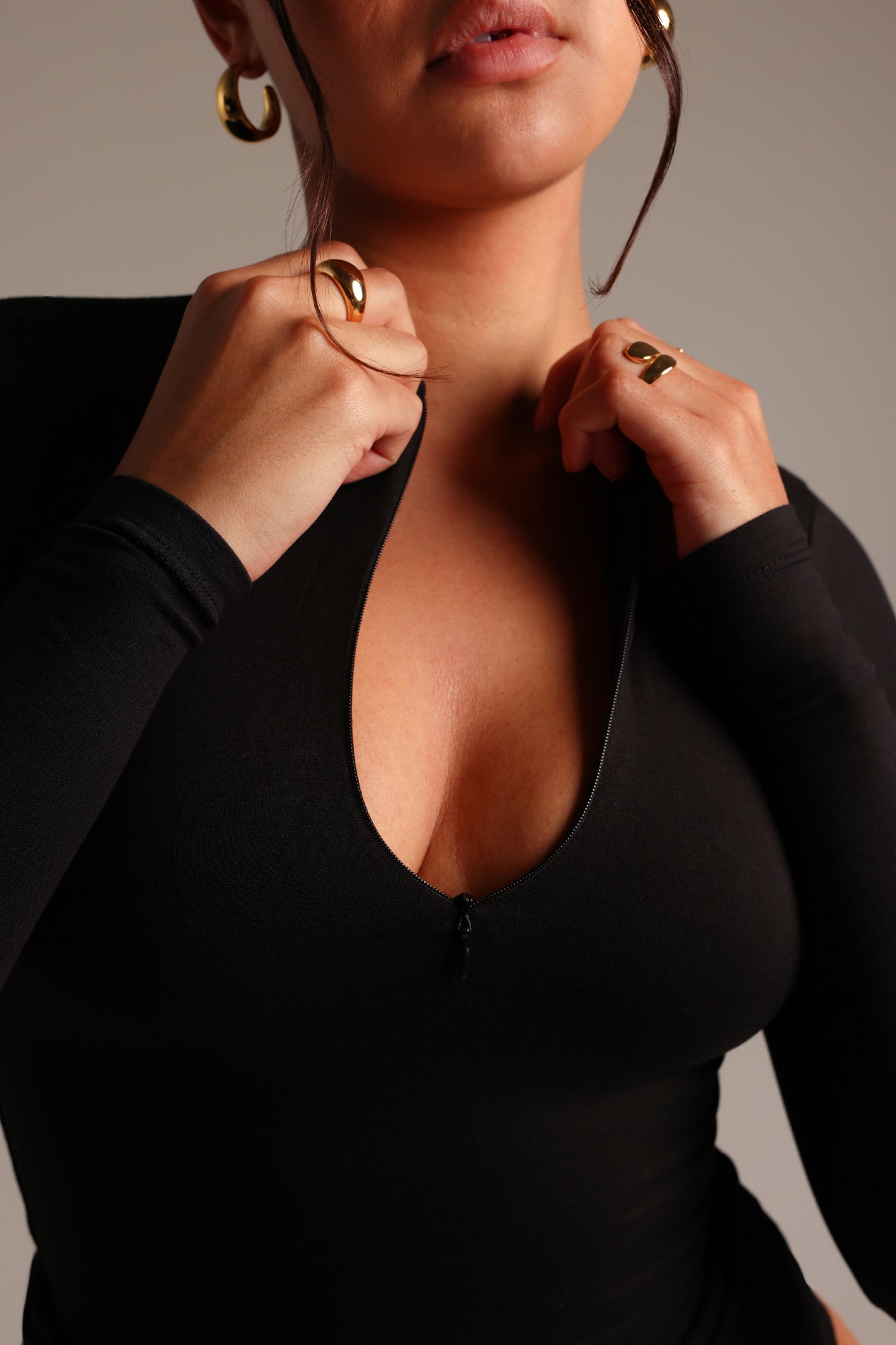 Zip-Up Long Sleeve T-Shirt- Black