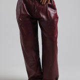 The Ivy-Wide Leg Leather Trousers - Black Cherry