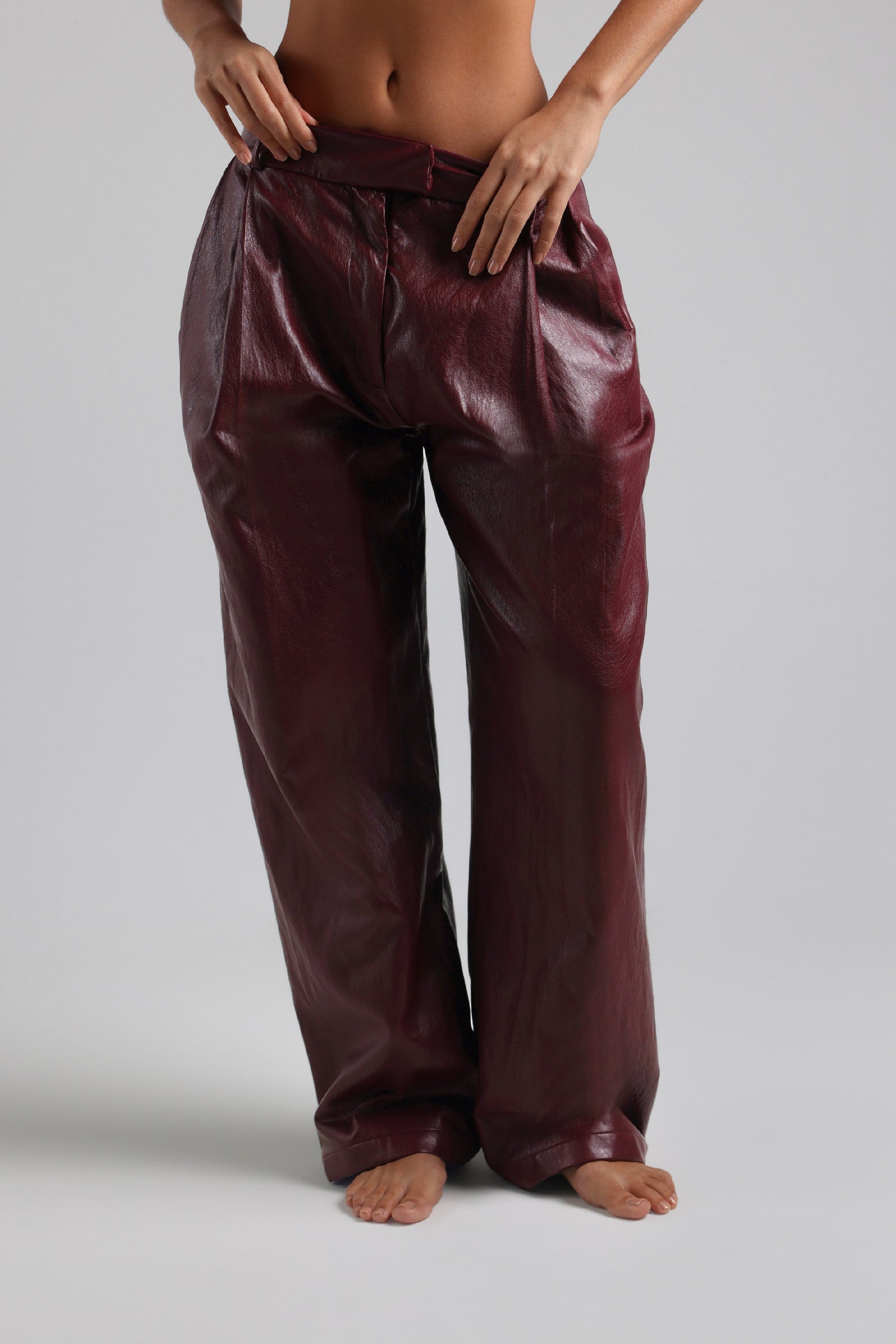 The Ivy-Wide Leg Leather Trousers - Black Cherry