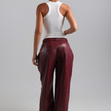 The Ivy-Wide Leg Leather Trousers - Black Cherry