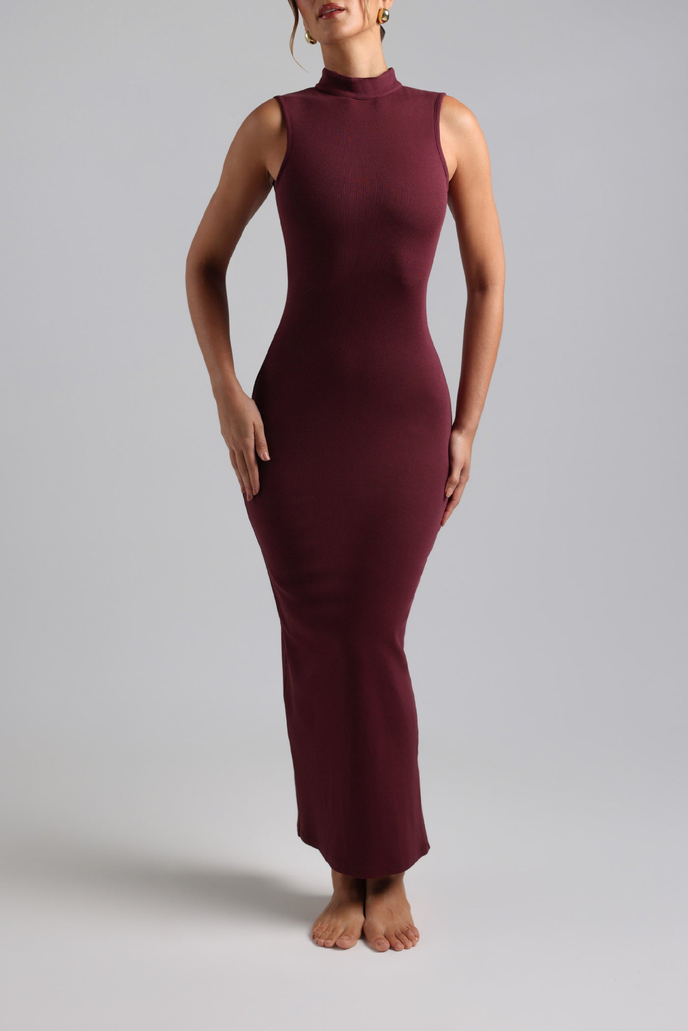 Sleeveless Mock Neck Maxi Dress - Black Cherry