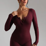 Button Up Micro-Ribbed Romper - Black Cherry