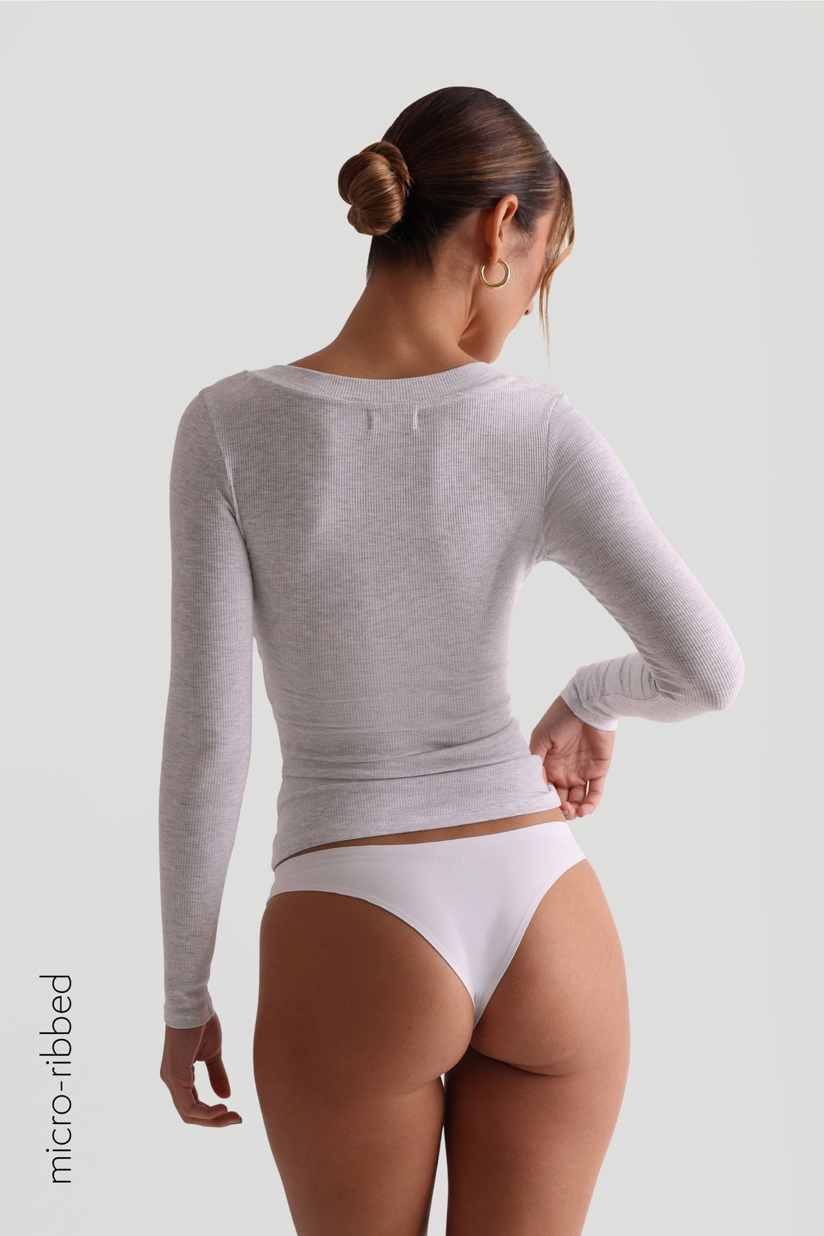V-Shape Micro-Ribbed Long Sleeve Top - Light Heather Gray
