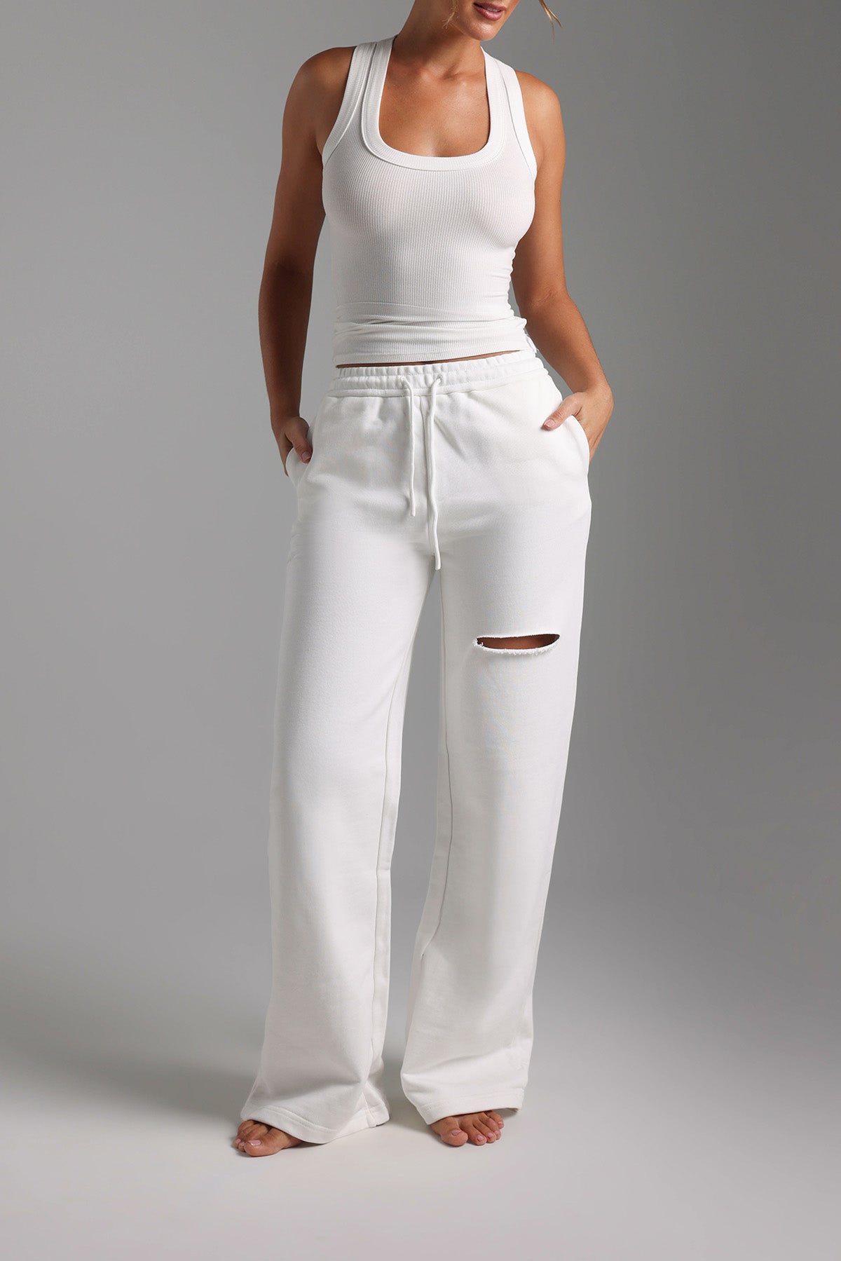 Cut-Out Wide Leg Sweatpants - White