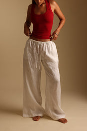 HERITAGE LINEN WIDE-LEG PANTS - White