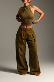 THE MERIDIAN WIDE-LEG TROUSERS - Olive Oil