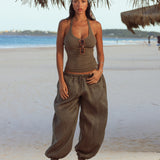 Heritage Linen Ruched Trousers - Palm