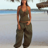 Heritage Linen Ruched Trousers - Palm