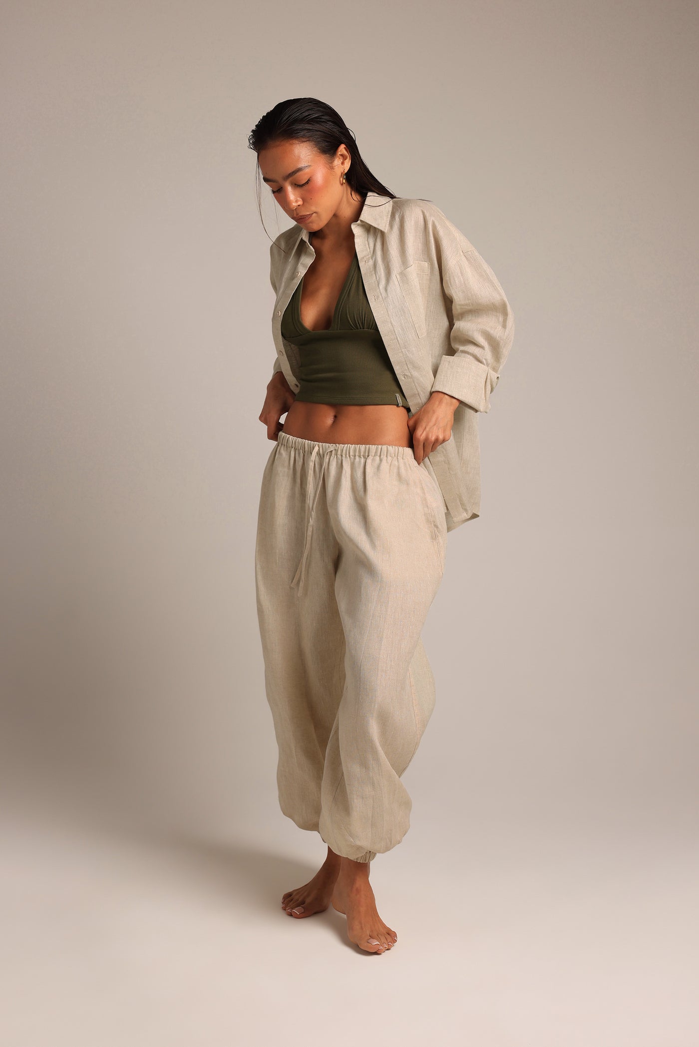 Heritage Linen Ruched Pants - Sand