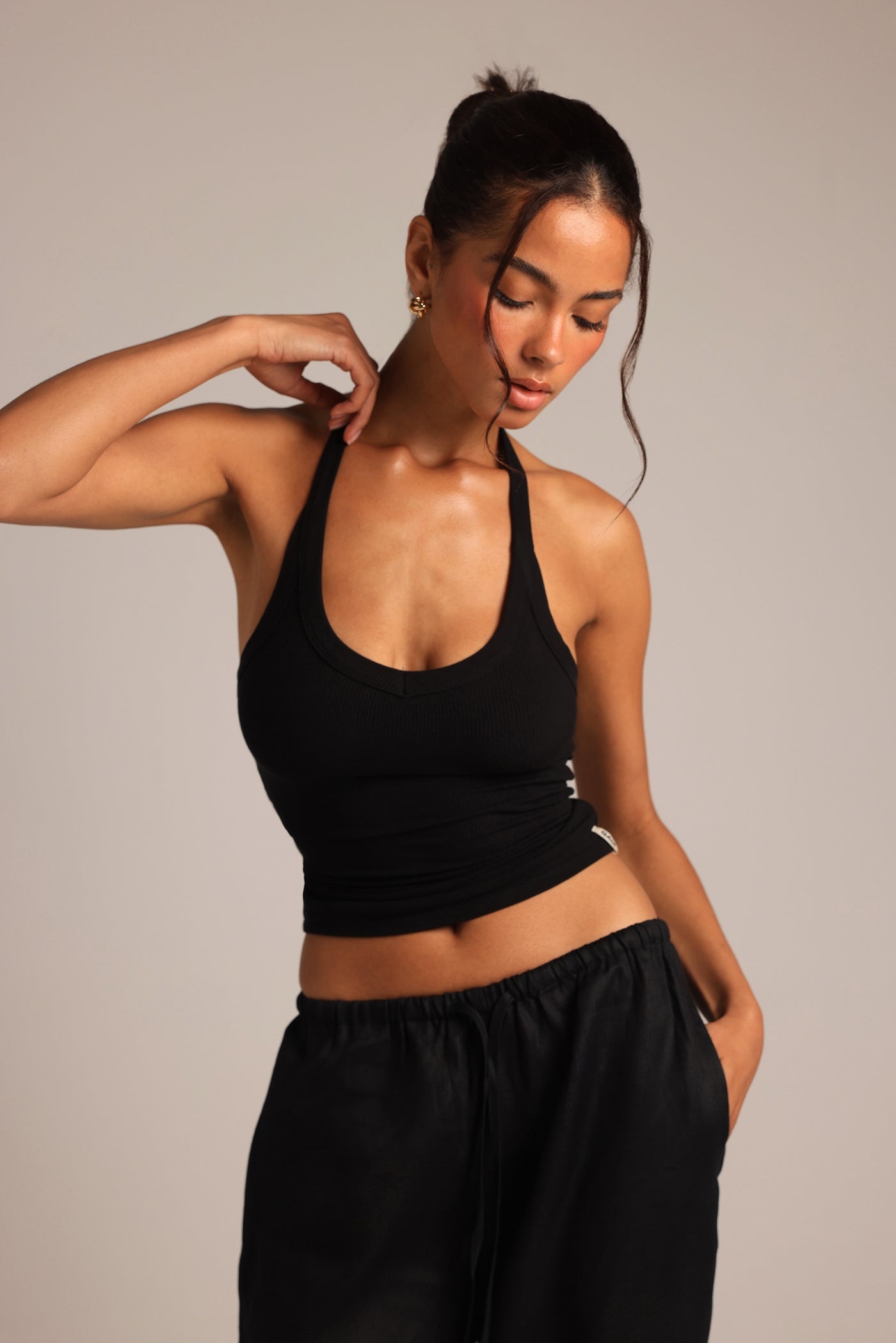 V-Neck Halter Top - Black
