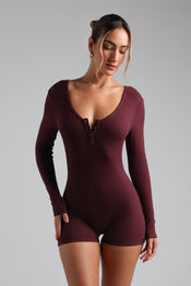 BUTTON UP MICRO-RIBBED ROMPER - Black Cherry