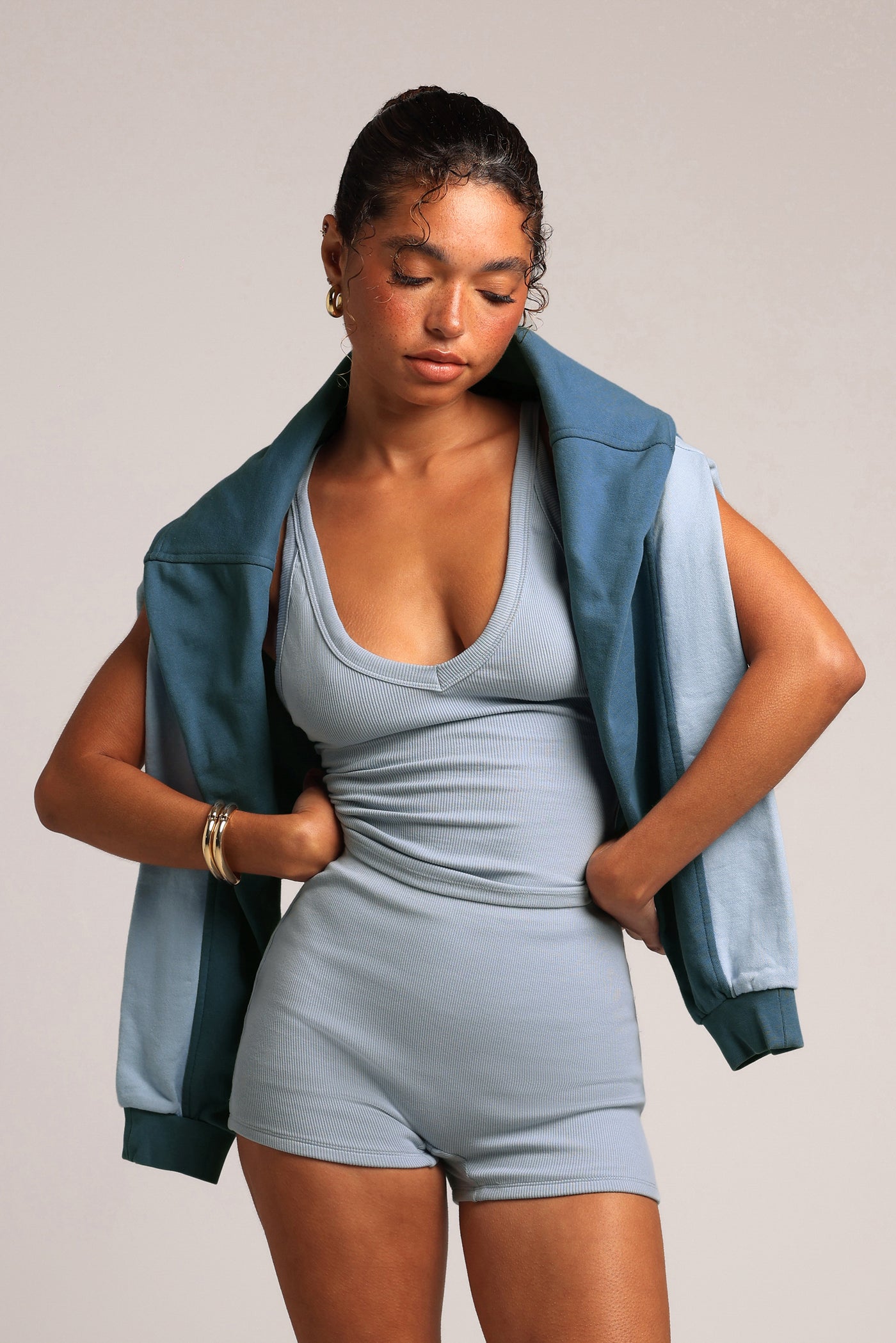 Contrast-Rundhals-Sweatshirt – 90s Babyblau/Azul