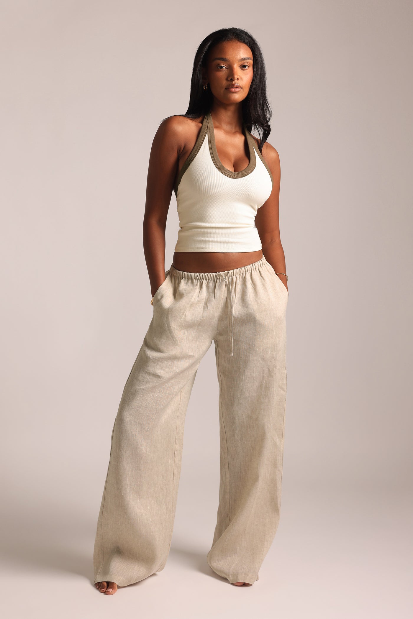 TwoTone Plunge Halter Top - White/Coconut