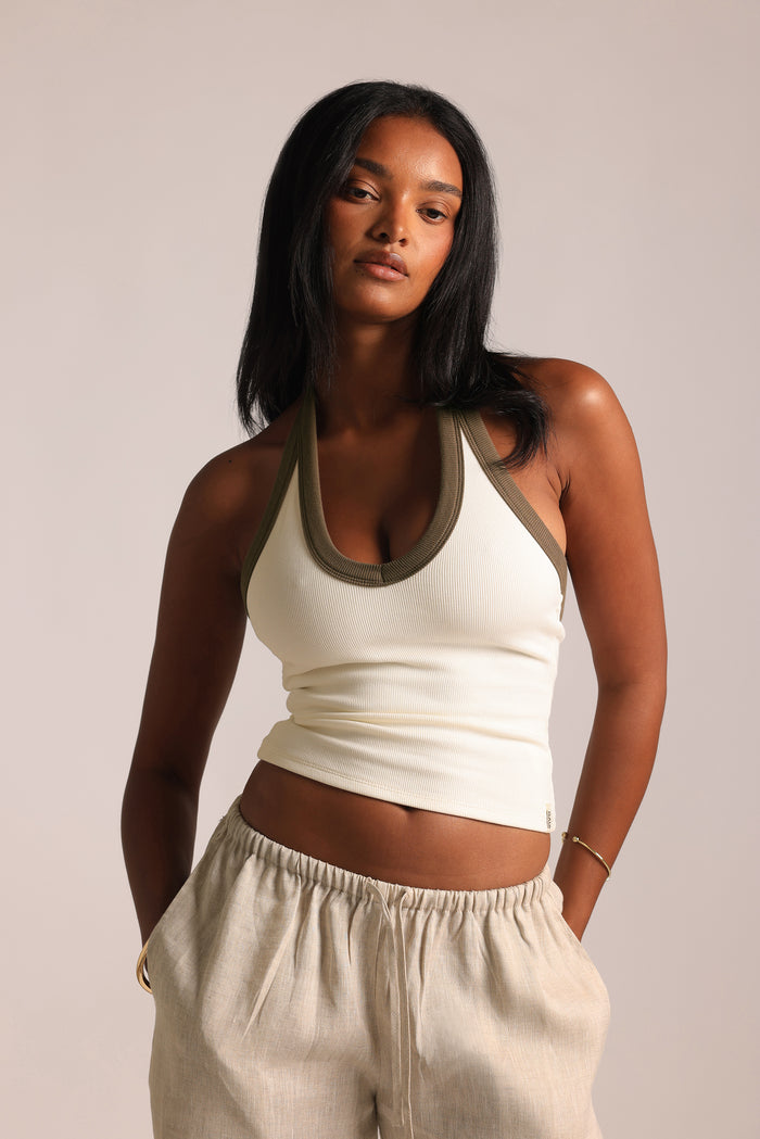 TwoTone Plunge Halter Top - White/Coconut