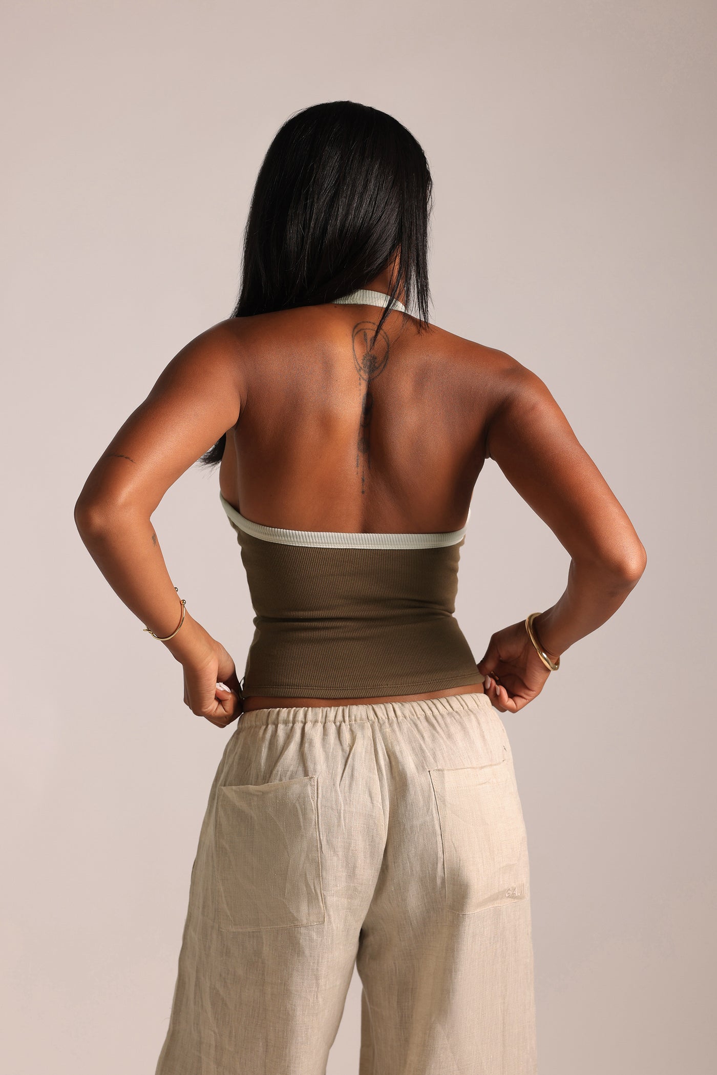 TwoTone Plunge Halter Top - Coconut/White