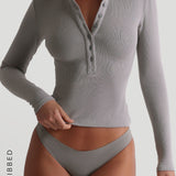 Form-Ribbed Button-Up Long Sleeve T-Shirt - Moon