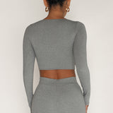 Round Neck Long Sleeve Crop Top - Stone Gray
